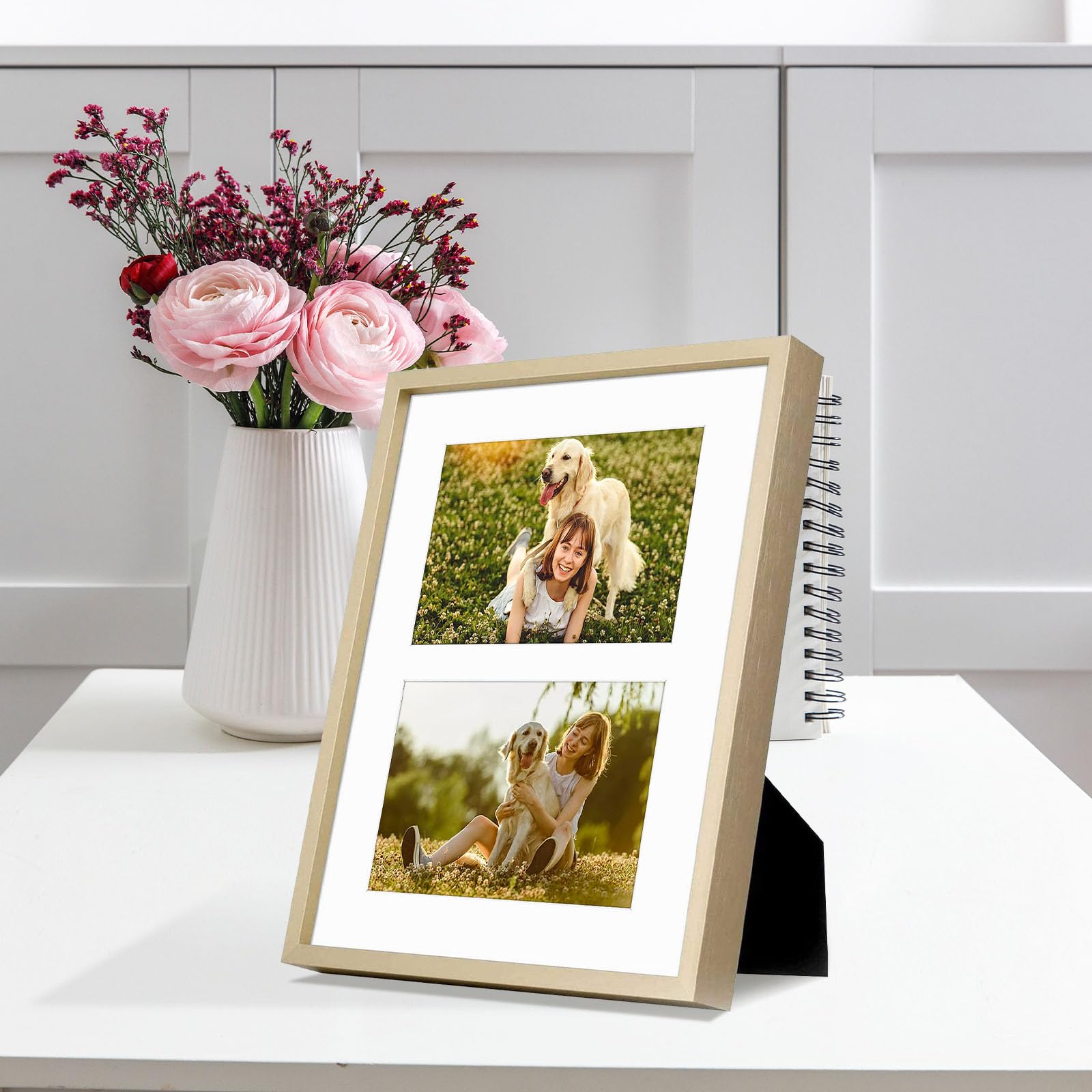 Golden State Art, 4x6 Aluminum Collage Frame, Displays 6x4 Pictures With 2 Openings Mat or One 8x10 Photo, Real Glass, Portrait/